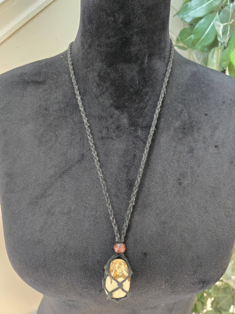 Long Black Cloth Cord Tan Stone Pendant Necklace Boho Style